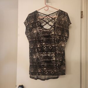 Black and Beige  Patterned Top with Crisscross Back